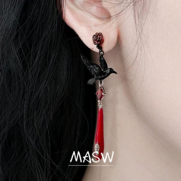 Gothic Crow Earrings Red Pendant Dangle Jewelry for Women Halloween Gift - Picture 4 of 6